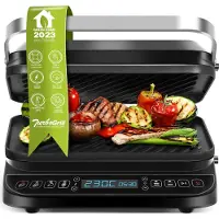 TurboTronic Kontaktgrill - CG900 - abnehmbare Grillplatten, LCD-Display, digital, 180° Öffnung, Tischgrill, Paninimaker, Elektrogrill, Steak- und Burgergrill, Silber Silber
