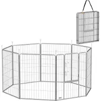 PawHut Welpenauslauf 100 cm Hoch, 8-TLG Hundelaufstall Welpenlaufstall mit Gurt und Tür, Freilaufgehege für kleine bis große Hunde, Meerschweinchen, Kaninchen, Stahl, Silber