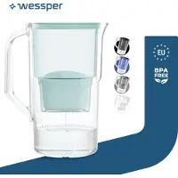 Wessper Wasserfilterkanne 2.8 L Kompatibel Mit Brita Maxtra, Wasser Filtersystem zur Reduzierung von Kalk, Chlor | + 1x Wasserfilter Minze