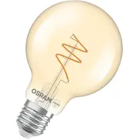 Osram Vintage 1906 Globe ist eine warmweiße, dimmbare LED-Lampe in Ballform mit spiralförmigem Filament. Sie bietet 4.9 W für 470 lm, E27 Fassung, goldfarbenes Glas, 80 mm Durchmesser, 2200 K.