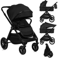 Lionelo Kombikinderwagen Layla 2in1 Babywanne und Buggy bis 22n kg, Babywanne bis 9 kg, 360° Schwenkbare PolyurethanRäder, XXL Verdeck - Schwarz