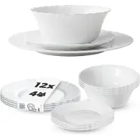 Kadax Geschirrservice 12-teilig, Geschirrset für 4 Personen, Tafelservice mit Müslischale, Dessertteller & Speiseteller, Tellerset aus Opalglas, Geschirr Set (Weiß)