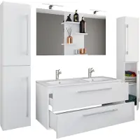 VCM 5-tlg. Doppel Waschplatz | 2x Waschtisch | Badmöbel Set mit Unterschrank, Waschbecken, 2x Hochschrank und Spiegel | Doppelwaschbecken | Komplettset Budasi SP