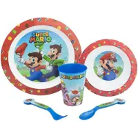 Stor 5-teiliges Nintendo Super Mario Kindergeschirr-Set, BPA-frei, mit tiefem Teller, Essteller, Tasse und Besteck, waschbar und wiederverwendbar