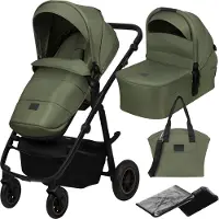 Lionelo Kinderwagen Amber Plus 2in1 Kombikinderwagen, Set mit sportlichen Sitz, Fester Babywanne, Tasche, Moskitonetz, Abdeckung Regenblatt - Grün