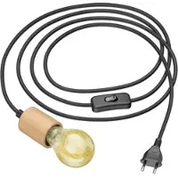 Ledscom.de Textilkabel KIVO, schwarz, 3m, Echtholz E27 Fassung, Stecker, Schalter, inkl. LED Lampe, 3-Stufen-Dimmer, max. 778lm, extra warmweiß