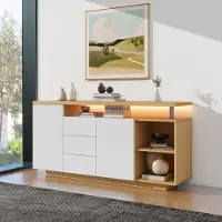 STILVORA Beistellschrank mit 2 Türen und 3 Schubladen,Multifunktionales Sideboard mit 2 offene Fächer,Kommode mit LED-Beleuchtung,Weiß