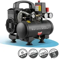 Stahlwerk Kompressor mit 3 L Tank (ST-38 Pro) – ölfrei & leise, 8 bar, Silent-Druckluftkompressor mit Brushless-Motoren, 1,60 PS, 1,18 kW, 190 l/min