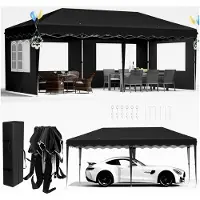Markenlos Pavillon 3x6 mit 4 Seitenteilen, wasserdicht, stabil und winterfest, für Strand, Festival, Camping und Markt, inklusive 12 Erdhaken und 6 Seilen (Schwarz)