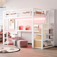 OKWISH Hochbett 90x200 Metall mit LED-Leiste und Steckdose Jugendbett mit Aufbewahrungsleiter Regal Einzelbett mit Tisch und Sicherheitsumrandung Jugendzimmer Weiß (ohne Matratze)
