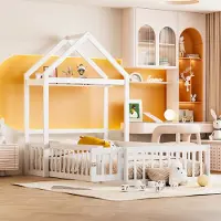 MODFU Kinderbett Hausbett 90 x 200cm, Massivholzbett mit Vollschutzgitter und Türen und Lattenrost, Jugendbett bettgestell, Weiß