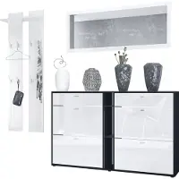Vladon Garderoben-Set Orlando mit Schuhschrank, Germany, Wandpaneel und Wandspiegel, Schwarz matt/Weiß Hochglanz