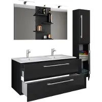 VCM 4-tlg. Doppel Waschplatz | 2x Waschtisch | Badmöbel Set mit Unterschrank, Waschbecken, Hochschrank und Spiegel | Doppelwaschbecken | Komplettset Budasi SP