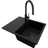 PrimaGran Granitspüle Alles Schwarz 62x50cm, Spülbecken 1 Becken + Küchenarmatur 40x20cm + Ablauf-Set, Küchenspüle ab 45er Unterschrank - Ibiza