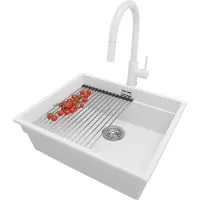PrimaGran Granitspüle Weiß 56x47cm, Spülbecken 1 Becken + Küchenarmatur 40x20cm + Ablauf-Set + Küchenzubehörset, Küchenspüle ab 60er Unterschrank - Praga Slim