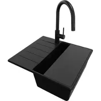 PrimaGran Granitspüle Alles Schwarz 55x50cm, Spülbecken 1 Becken + Ablauf-Set + Küchenzubehörset, Küchenspüle ab 40er Unterschrank - Kopenhagen