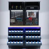 Datona Werkstatteinrichtung PREMIUM mit Eichenarbeitsplatte und Aufbewahrungsboxen – 136 cm