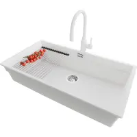 PrimaGran Unterbauspüle Granit Weiß 86x47cm, Spülbecken 1 Becken + Ablauf-Set + Küchenzubehörset, Granitspüle ab 90er Unterschrank - Praga