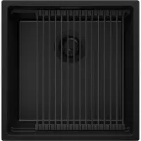 PrimaGran Spülbecken Alles Schwarz 46x47cm, Granitspüle 1 Becken + Ablauf-Set + Aufrollbare Abtropffläche, Küchenspüle ab 50er Unterschrank - Praga Slim