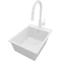 PrimaGran Granitspüle Alles Weiß 38x50cm, Spülbecken 1 Becken + Küchenarmatur 40x20cm + Ablauf-Set, Küchenspüle ab 40er Unterschrank - Riga