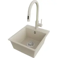 PrimaGran Granitspüle Beige 38x44cm, Spülbecken 1 Becken + Küchenarmatur 40x20cm + Ablauf-Set, Küchenspüle ab 40er Unterschrank - Riga Easy