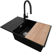 PrimaGran Granitspüle Schwarz 78x50cm, Spülbecken 1 Becken + Küchenarmatur 40x20cm + Ablauf-Set + Schneidebrett, Küchenspüle ab 60er Unterschrank - Kopenhagen