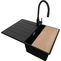PrimaGran Granitspüle Schwarz 70x50cm, Spülbecken 1 Becken + Küchenarmatur 40x38cm + Ablauf-Set + Schneidebrett, Küchenspüle ab 40er Unterschrank - Kopenhagen