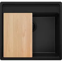 PrimaGran Unterbauspüle Granit Alles Schwarz 56x53cm, Spülbecken 1 Becken + Ablauf-Set + Schneidebrett, Granitspüle ab 60er Unterschrank - Bergen