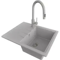 PrimaGran Granitspüle Grau 62x50cm, Spülbecken 1 Becken + Küchenarmatur 40x20cm + Ablauf-Set, Küchenspüle ab 40er Unterschrank - Mailand