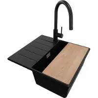 PrimaGran Granitspüle Schwarz 55x50cm, Spülbecken 1 Becken + Küchenarmatur 40x20cm + Ablauf-Set + Schneidebrett, Küchenspüle ab 40er Unterschrank - Kopenhagen