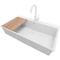 PrimaGran Granitspüle Alles Weiß 88x50cm, Spülbecken 1 Becken + Küchenarmatur 32x20cm + Ablauf-Set + Schneidebrett, Küchenspüle ab 90er Unterschrank - Oslo