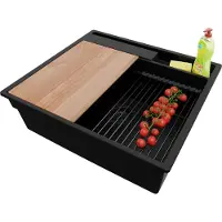 PrimaGran Spülbecken Alles Schwarz 58x53cm, Granitspüle 1 Becken + Ablauf-Set + Küchenzubehörset, Küchenspüle ab 60er Unterschrank - Oslo Pocket