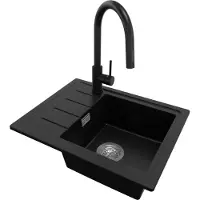 PrimaGran Granitspüle Schwarz 55x44cm, Spülbecken 1 Becken + Küchenarmatur 40x20cm + Ablauf-Set, Küchenspüle ab 45er Unterschrank - Kopenhagen Easy