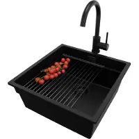 PrimaGran Unterbauspüle Granit Alles Schwarz 46x47cm, Spülbecken 1 Becken + Ablauf-Set + Küchenzubehörset, Granitspüle ab 50er Unterschrank - Praga