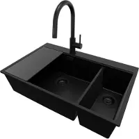 PrimaGran Granitspüle Alles Schwarz 78x50cm, Spülbecken 2 Becken + Ablauf-Set + Küchenzubehörset, Küchenspüle ab 80er Unterschrank - Oslo Duo