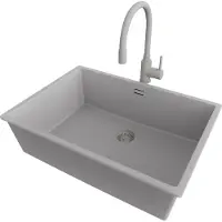 PrimaGran Granitspüle Grau 66x47cm, Spülbecken 1 Becken + Küchenarmatur 38x14cm + Ablauf-Set, Küchenspüle ab 70er Unterschrank - London Slim