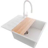 PrimaGran Granitspüle Weiß 62x50cm, Spülbecken 1 Becken + Küchenarmatur 38x14cm + Ablauf-Set + Schneidebrett, Küchenspüle ab 50er Unterschrank - Kopenhagen