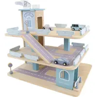 Bandits and Angels Bandits & Angels Holzspielzeug-Garage: Banditen-Parkerlebnis mit 3 Etagen und Aufzug – inklusive 4 Autos – Blaue Holzspielzeug-Autogarage