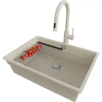 PrimaGran Unterbauspüle Granit Beige 66x47cm, Spülbecken 1 Becken + Ablauf-Set + Küchenzubehörset, Granitspüle ab 70er Unterschrank - Praga