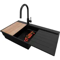 PrimaGran Granitspüle Alles Schwarz 90x50cm, Spülbecken 1 Becken + Ablauf-Set + Küchenzubehörset, Küchenspüle ab 60er Unterschrank - Sydney