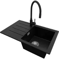 PrimaGran Granitspüle Schwarz 70x44cm, Spülbecken 1 Becken + Küchenarmatur 40x38cm + Ablauf-Set, Küchenspüle ab 45er Unterschrank - Kopenhagen Easy