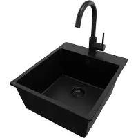 PrimaGran Granitspüle Alles Schwarz 43x50cm, Spülbecken 1 Becken + Küchenarmatur 32x20cm + Ablauf-Set, Küchenspüle ab 45er Unterschrank - Riga