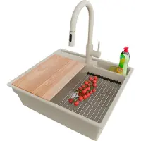 PrimaGran Granitspüle Beige 58x53cm, Spülbecken 1 Becken + Ablauf-Set + Küchenzubehörset, Küchenspüle ab 60er Unterschrank - Oslo Pocket