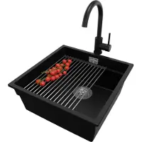 PrimaGran Granitspüle Schwarz 46x47cm, Spülbecken 1 Becken + Ablauf-Set + Küchenzubehörset, Küchenspüle ab 50er Unterschrank - Praga Slim