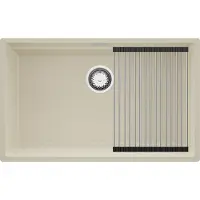 PrimaGran Spülbecken Beige 76x47cm, Granitspüle 1 Becken + Ablauf-Set + Aufrollbare Abtropffläche, Küchenspüle ab 80er Unterschrank - Praga Slim