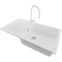 PrimaGran Granitspüle Weiß 90x50cm, Spülbecken 1 Becken + Küchenarmatur 38x14cm + Ablauf-Set, Küchenspüle ab 60er Unterschrank - Ibiza