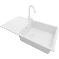 PrimaGran Granitspüle Alles Weiß 90x50cm, Spülbecken 1 Becken + Küchenarmatur 32x20cm + Ablauf-Set, Küchenspüle ab 60er Unterschrank - Ibiza