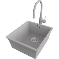 PrimaGran Unterbauspüle Granit Grau 41x47cm, Spülbecken 1 Becken + Küchenarmatur 38x14cm + Ablauf-Set, Granitspüle ab 45er Unterschrank - London