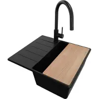 PrimaGran Granitspüle Alles Schwarz 55x50cm, Spülbecken 1 Becken + Ablauf-Set + Küchenzubehörset, Küchenspüle ab 40er Unterschrank - Kopenhagen