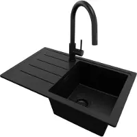 PrimaGran Granitspüle Alles Schwarz 70x44cm, Spülbecken 1 Becken + Küchenarmatur 40x20cm + Ablauf-Set, Küchenspüle ab 45er Unterschrank - Kopenhagen Easy